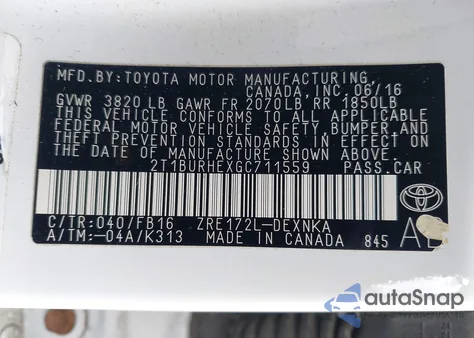 2016 Toyota Corolla Le from USA, damaged, VIN 2T1BURHEXGC711559